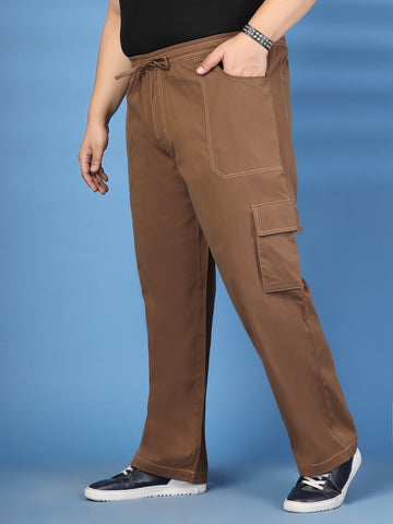 Plus Size Men Self-Checked Pure Cotton Relaxed Fit Cargos