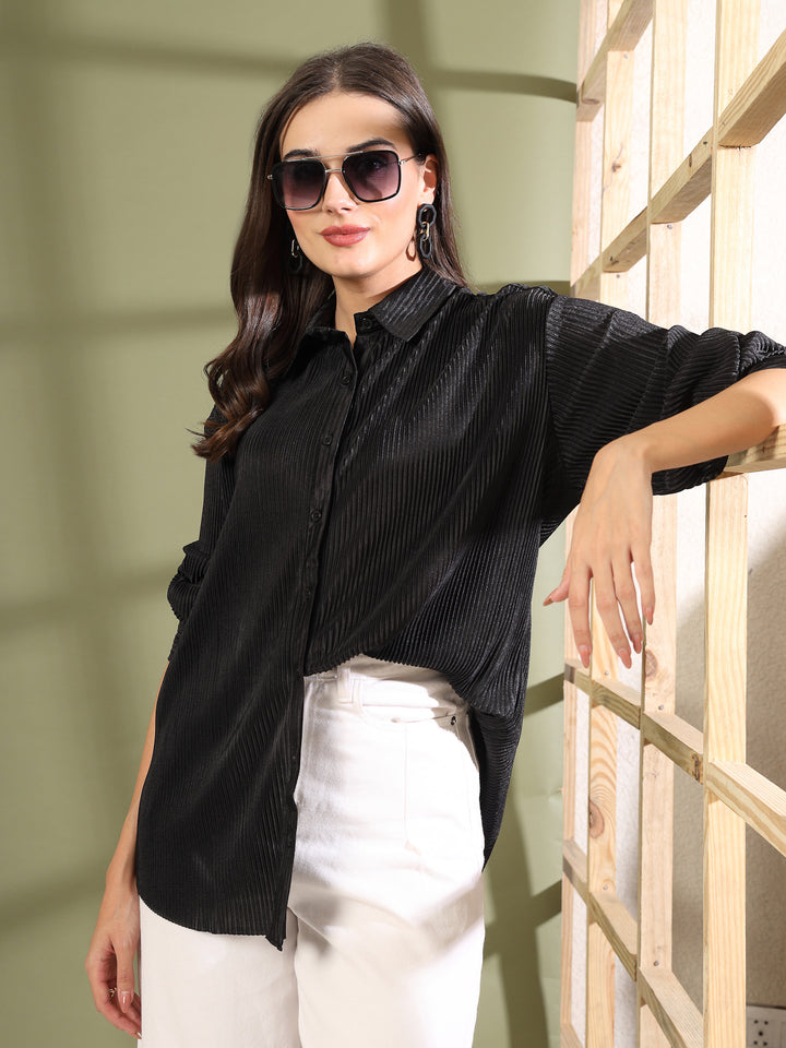 Women Spread Collar Textured Relaxed Fit Casual Shirt