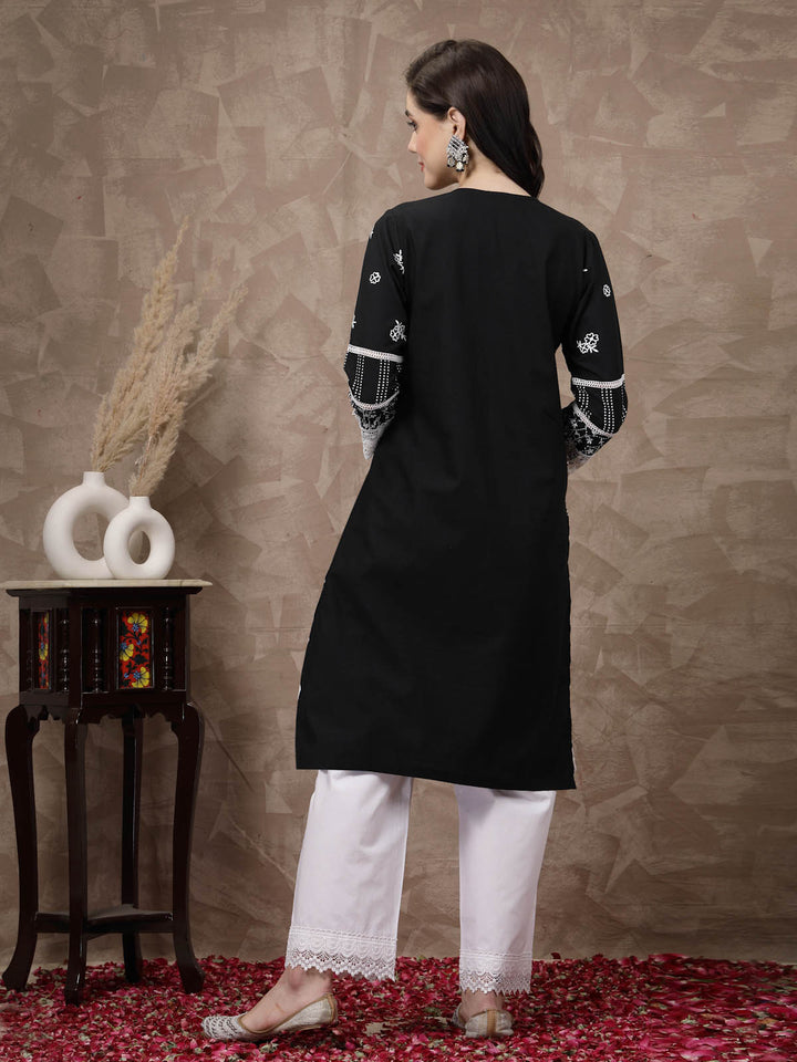 Black  White Ethnic Motifs Printed Pure Cotton A Line Kurta