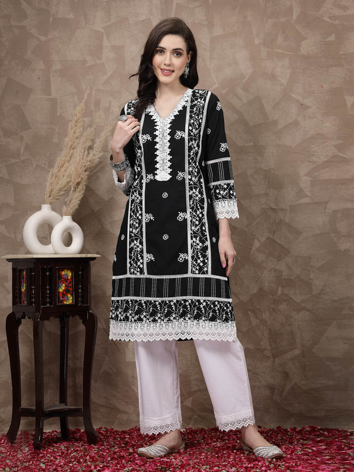 Black  White Ethnic Motifs Printed Pure Cotton A Line Kurta