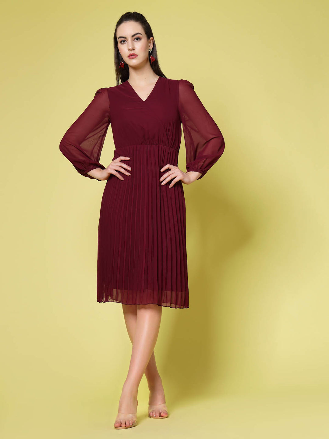 Maroon V-Neck Puff Sleeves Accordion Pleated Fit  Flare Dress