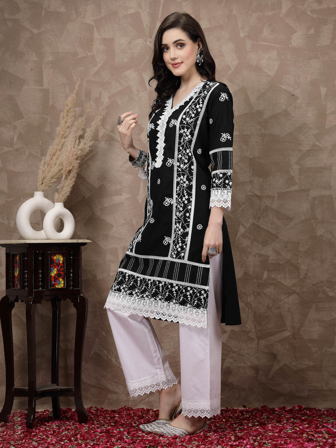 Black  White Ethnic Motifs Printed Pure Cotton A Line Kurta