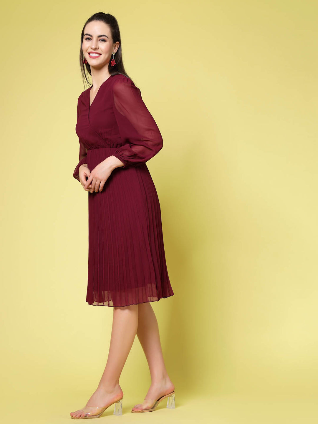 Maroon V-Neck Puff Sleeves Accordion Pleated Fit  Flare Dress