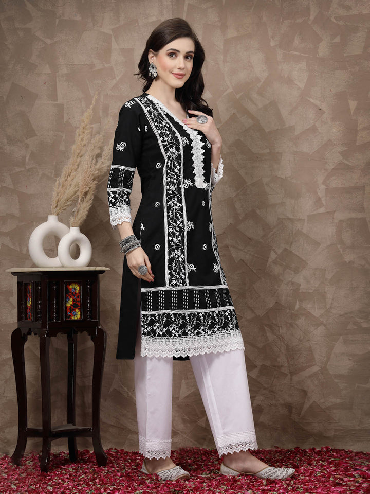 Black  White Ethnic Motifs Printed Pure Cotton A Line Kurta