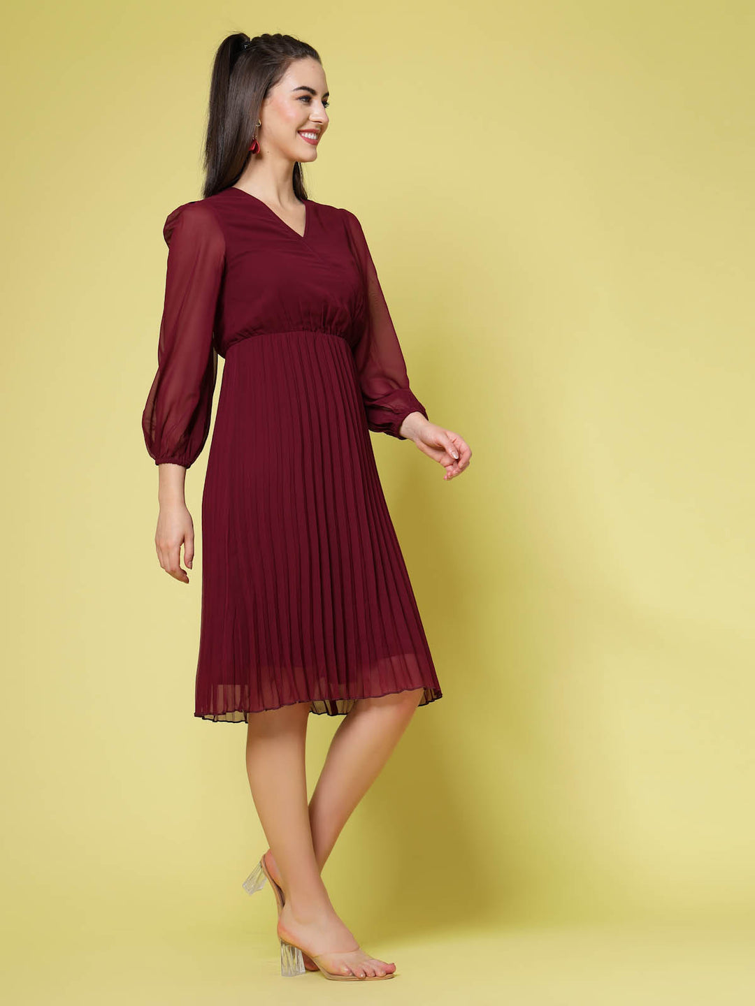 Maroon V-Neck Puff Sleeves Accordion Pleated Fit  Flare Dress