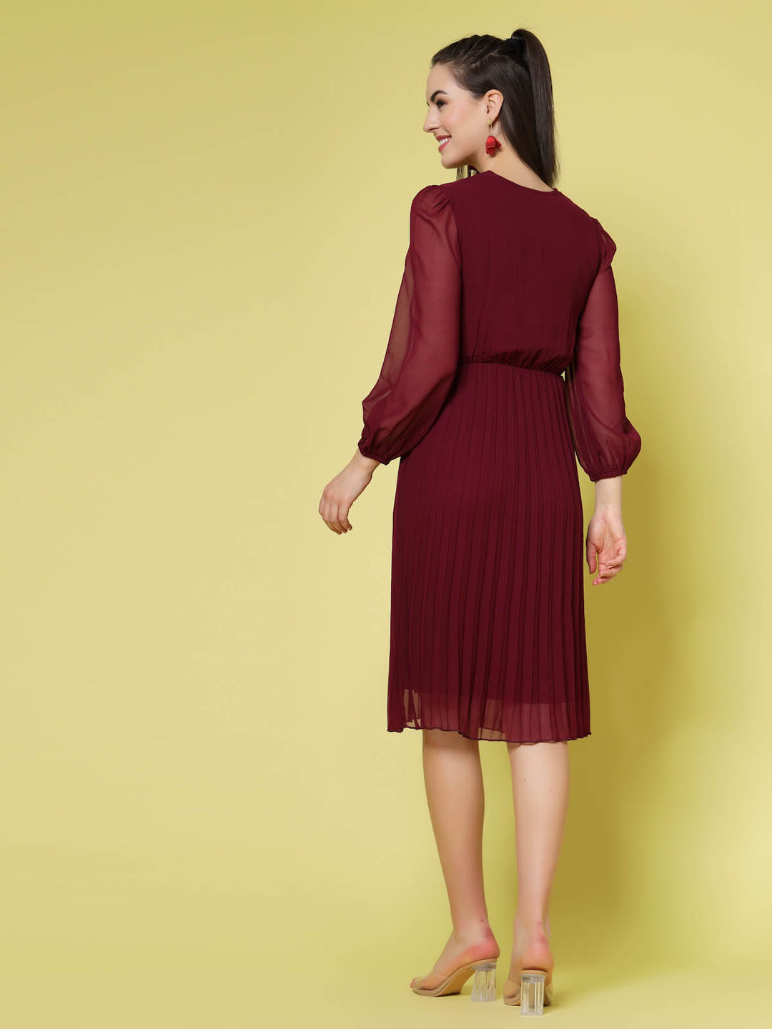 Maroon V-Neck Puff Sleeves Accordion Pleated Fit  Flare Dress