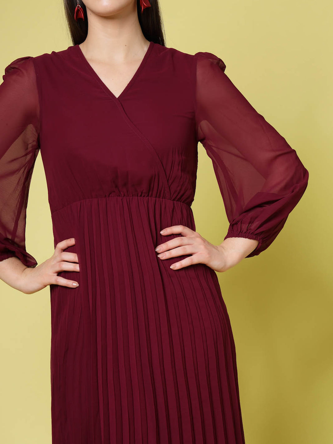 Maroon V-Neck Puff Sleeves Accordion Pleated Fit  Flare Dress