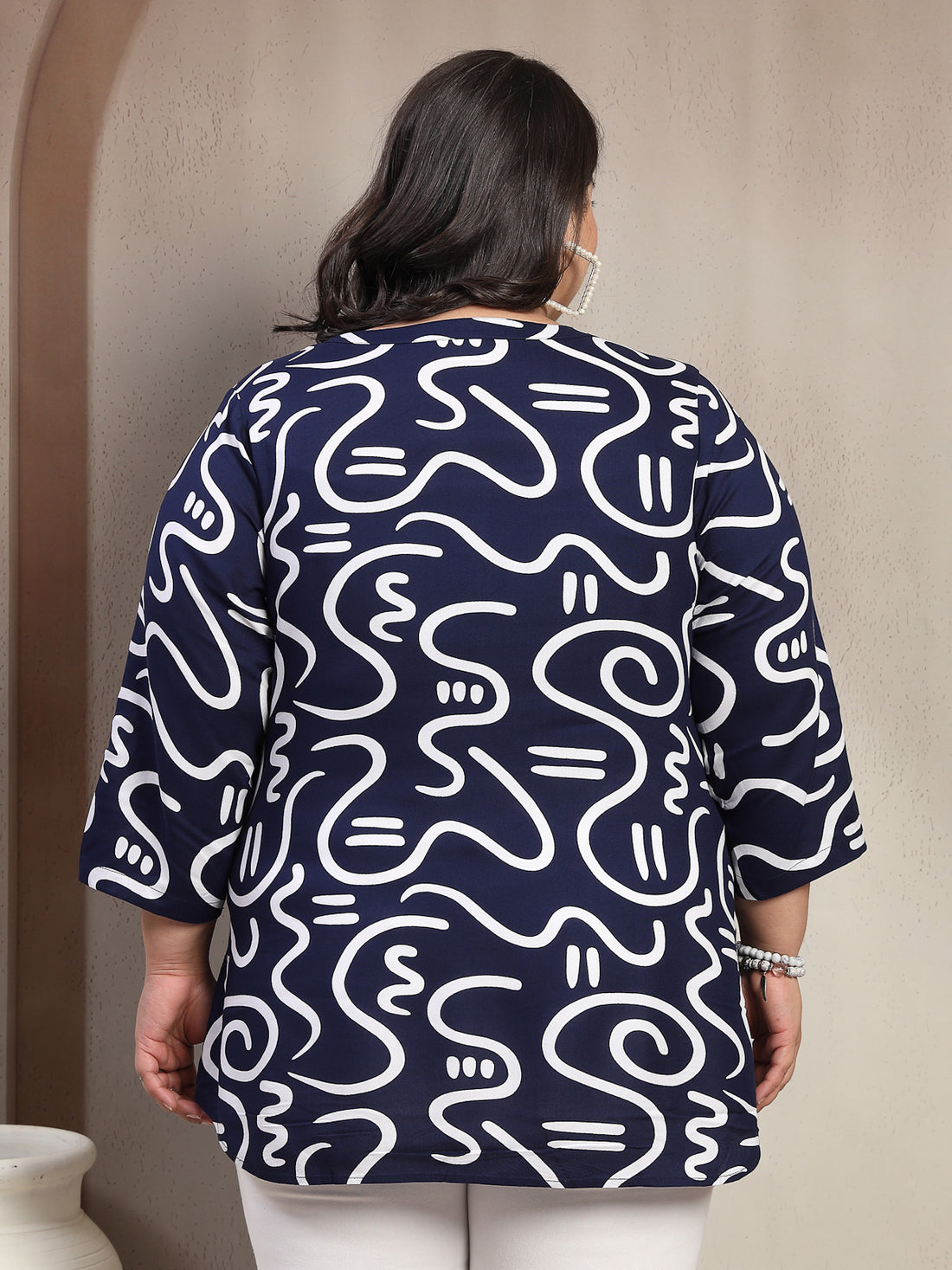 Plus Size Abstract Printed V Neck Regular Top