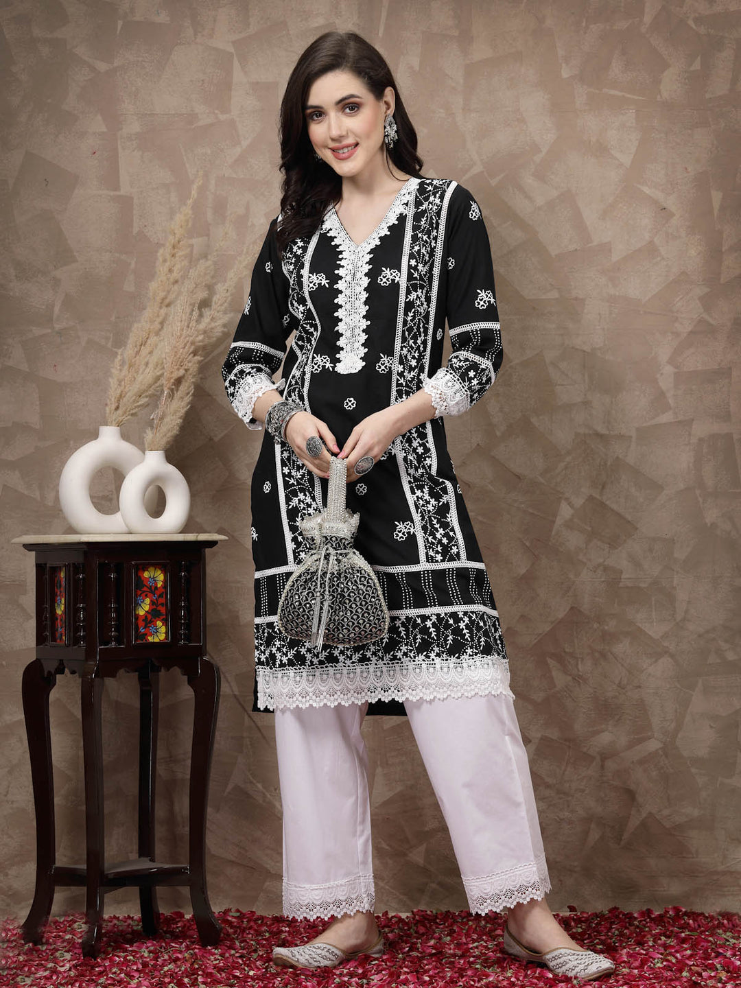 Black  White Ethnic Motifs Printed Pure Cotton A Line Kurta