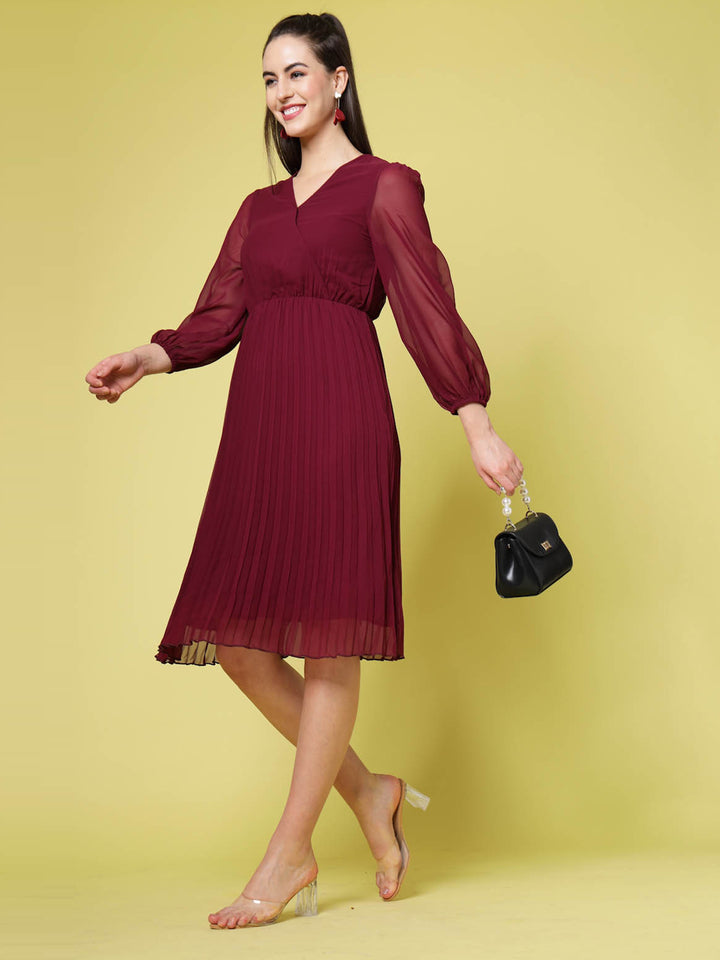 Maroon V-Neck Puff Sleeves Accordion Pleated Fit  Flare Dress