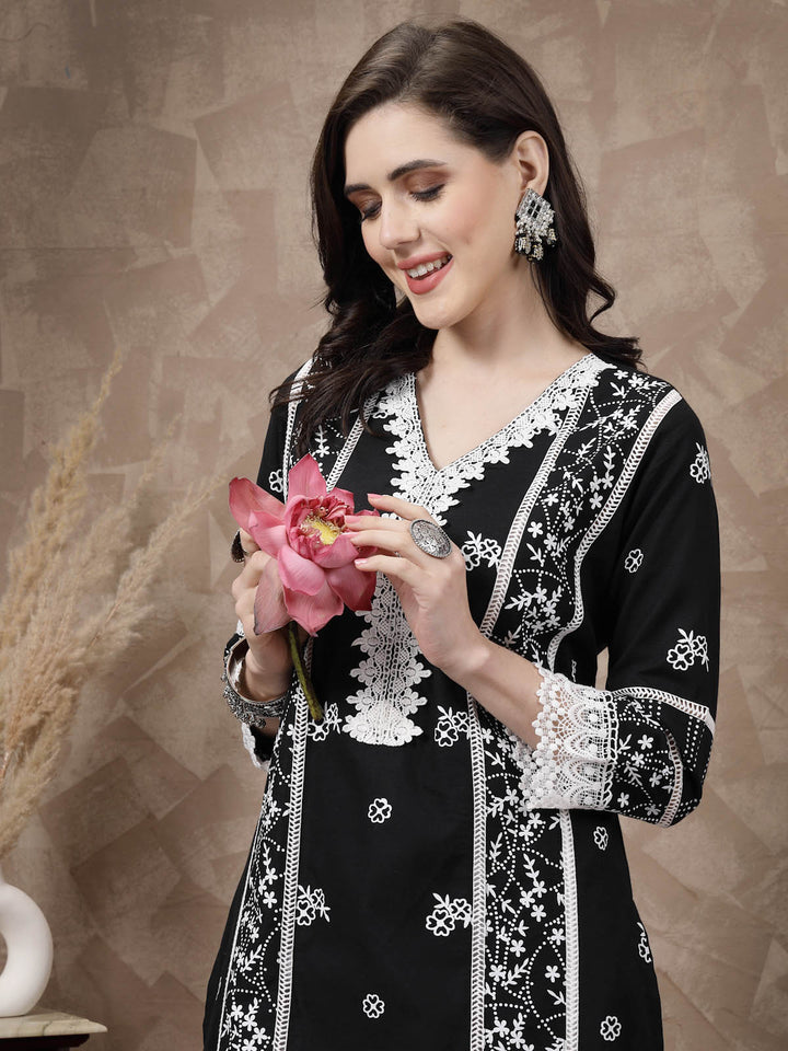 Black  White Ethnic Motifs Printed Pure Cotton A Line Kurta