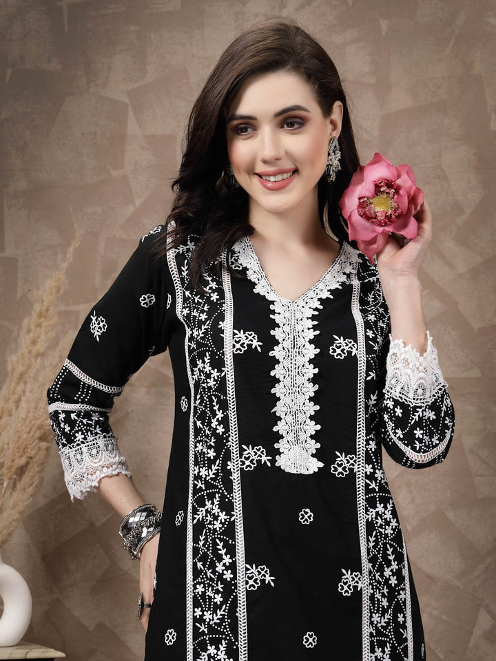 Black  White Ethnic Motifs Printed Pure Cotton A Line Kurta