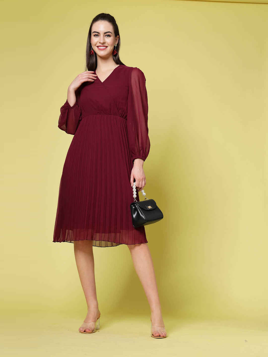 Maroon V-Neck Puff Sleeves Accordion Pleated Fit  Flare Dress