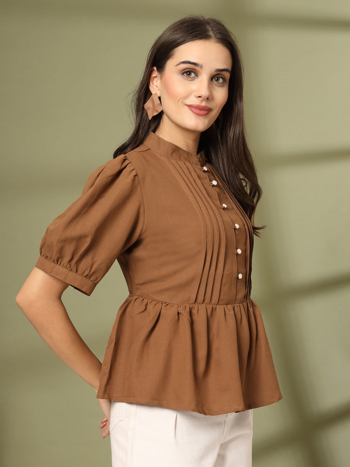 Women Mandarin Collar Cotton Peplum Top