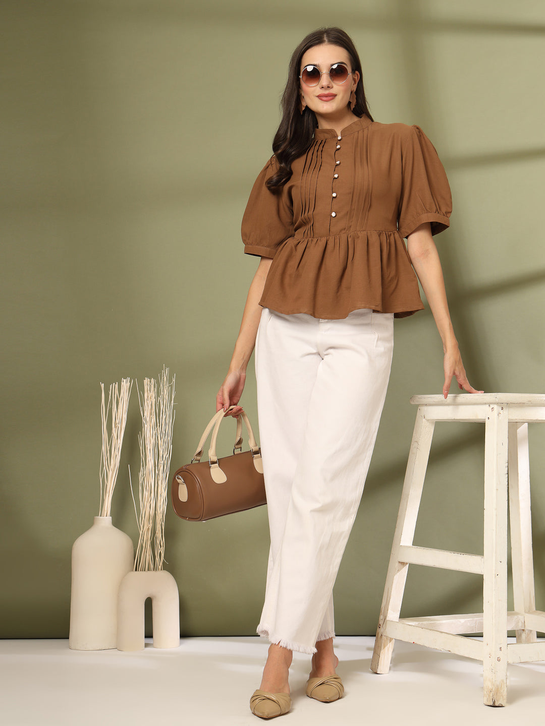 Women Mandarin Collar Cotton Peplum Top