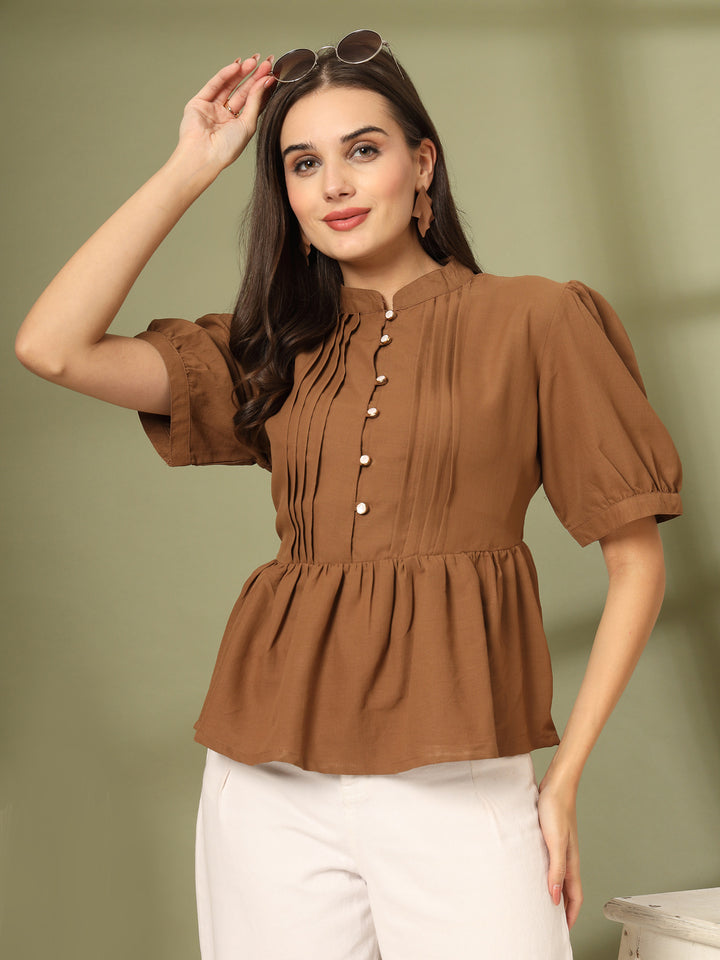 Women Mandarin Collar Cotton Peplum Top