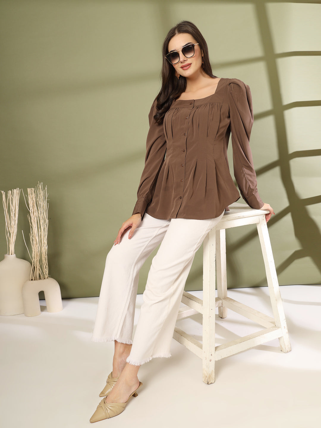 Women Collarless Solid Formal Shirt