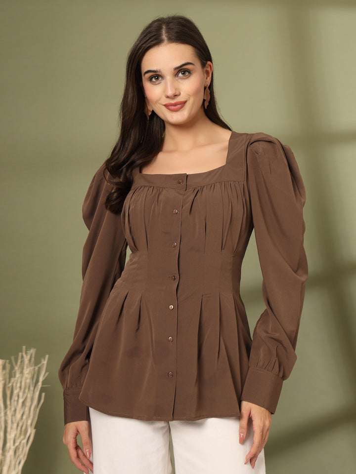 Women Collarless Solid Formal Shirt