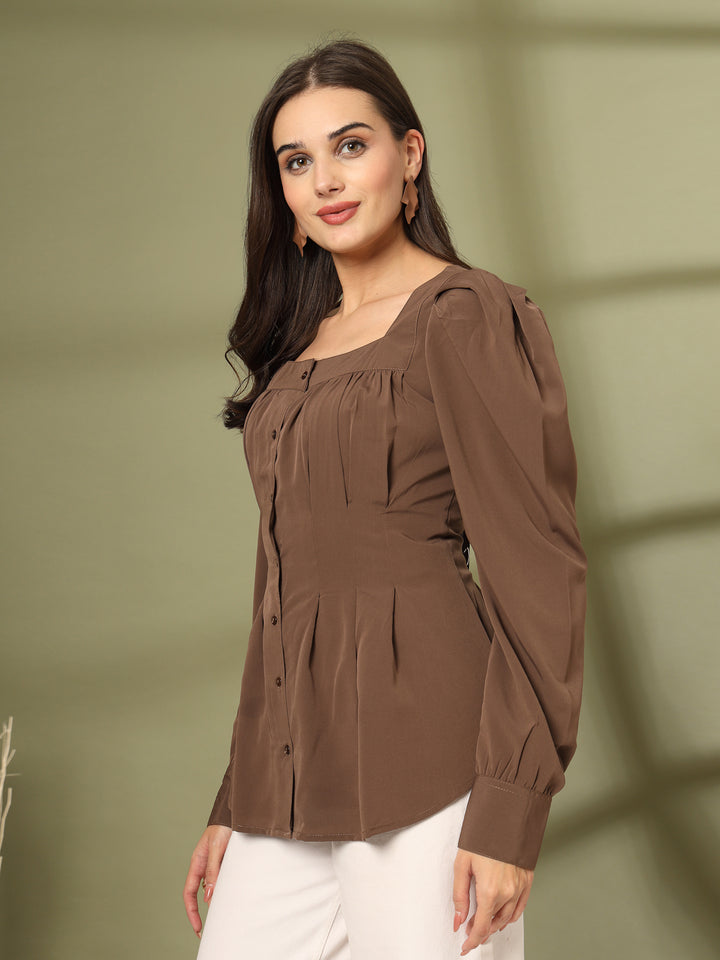 Women Collarless Solid Formal Shirt