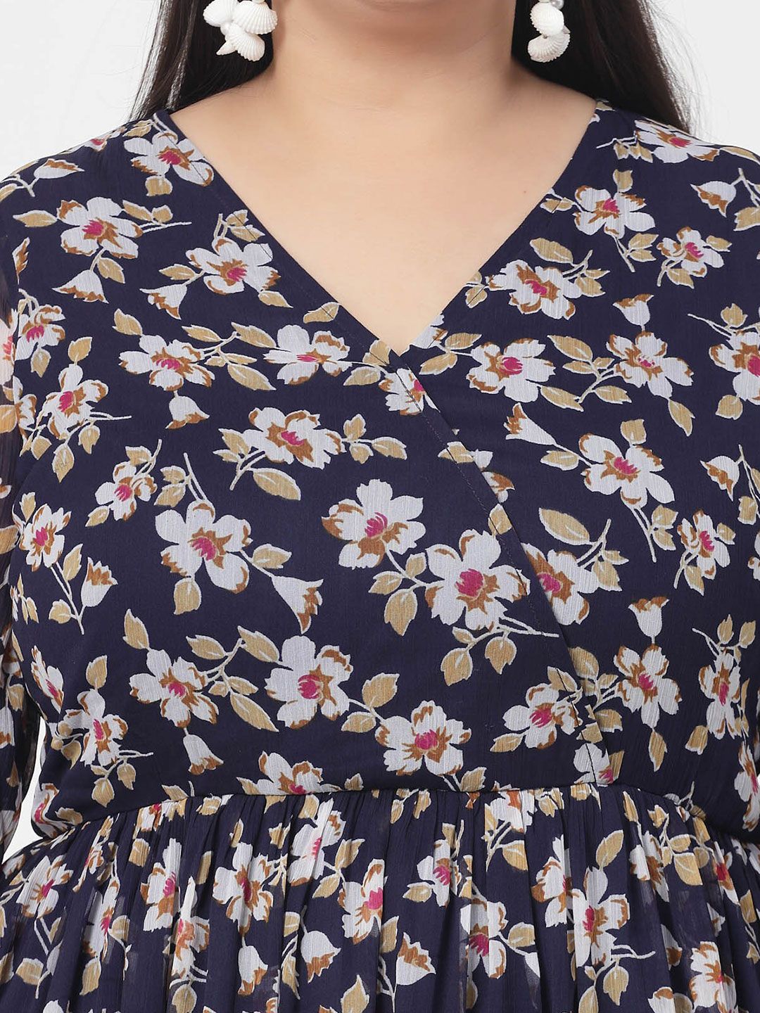 Plus Size  Floral Print V-Neck Fit & Flare Midi Dress