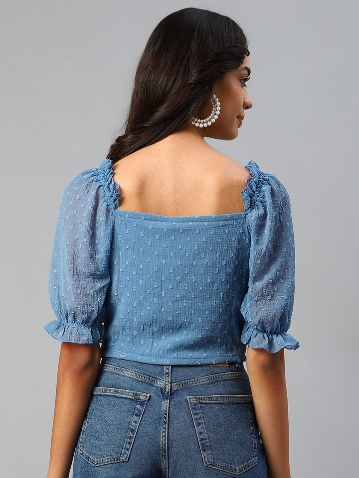 plusS Blue Self Design Puff Sleeves Crop Top