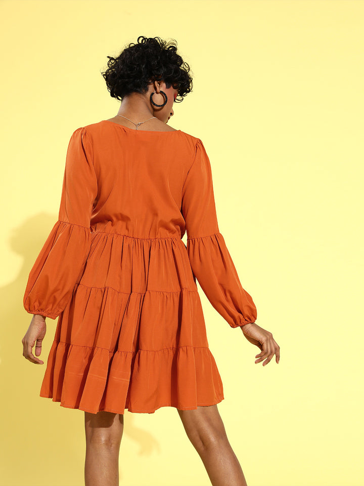 Women Attractive Orange Solid Sweetheart Neck A-Line Dress