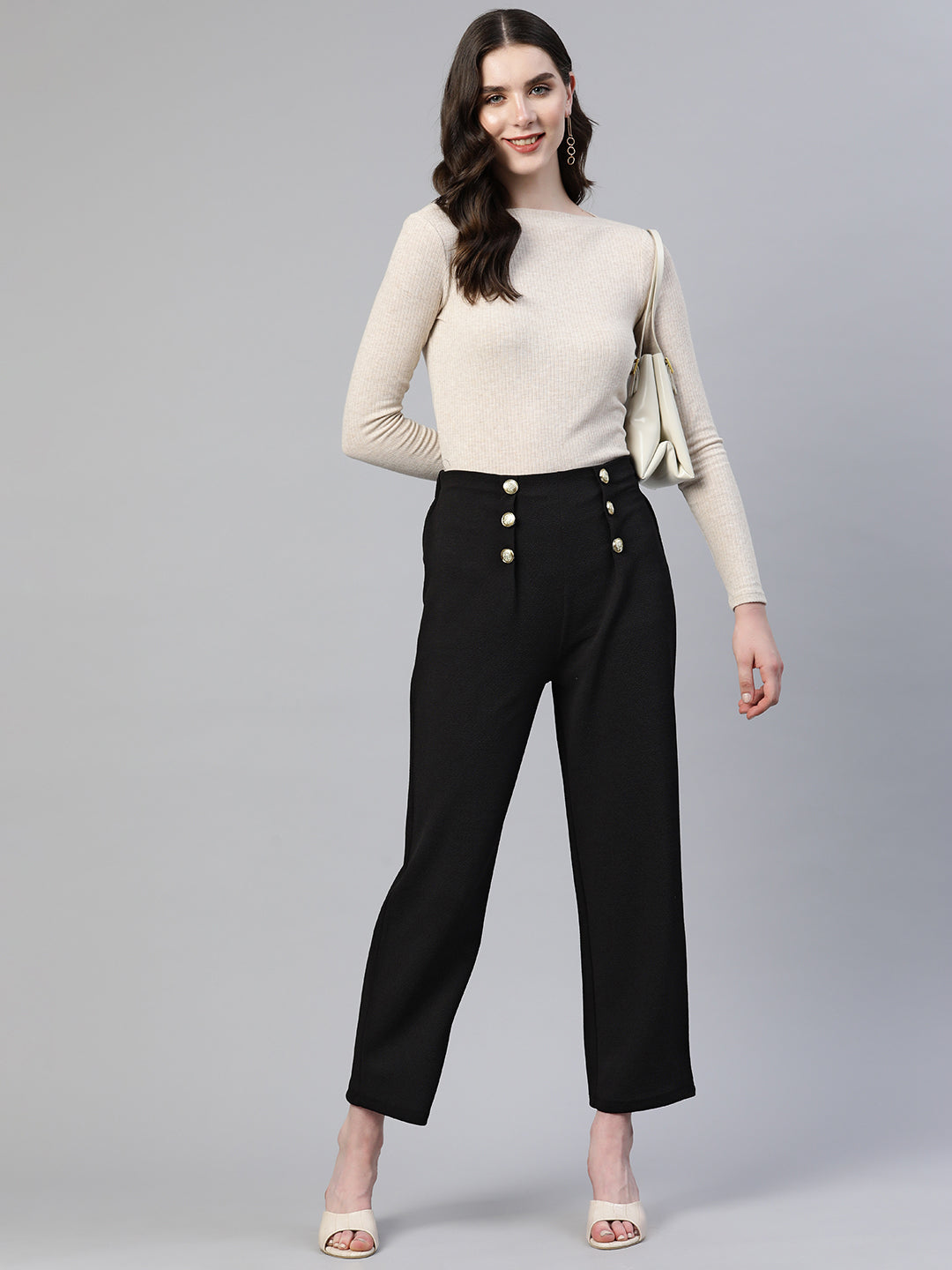 plusS Women Cropped Trousers With Button Detail