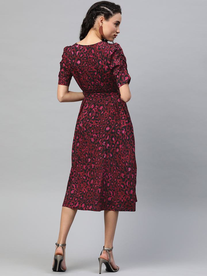 plusS Women Burgundy  Black Leopard Print Midi A-Line Dress with Belt