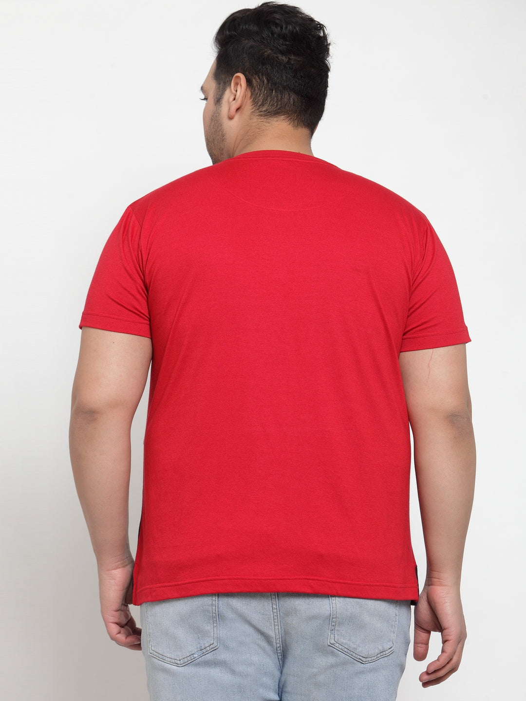 plusS Men Red  White Colourblocked Round Neck Pure Cotton T-shirt