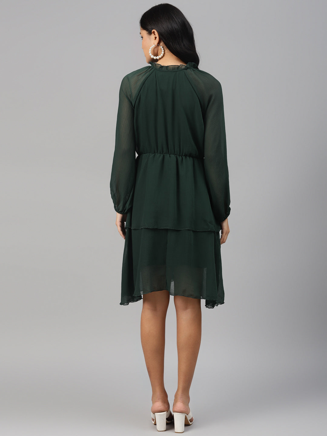 plusS Green Tie-Up Neck Layered A-Line Dress