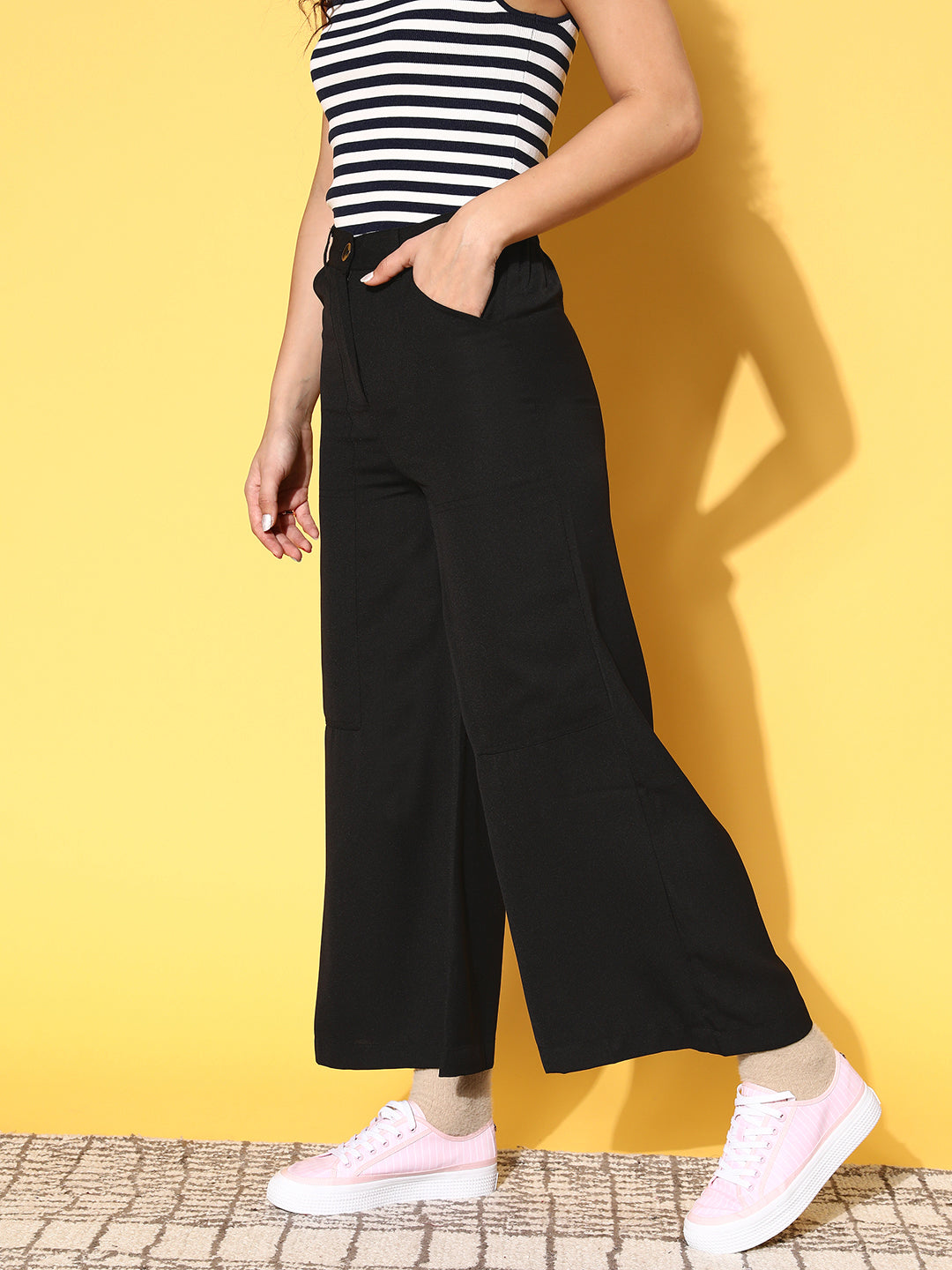 plusS Women Elegant Black Solid Resort Wear Trousers