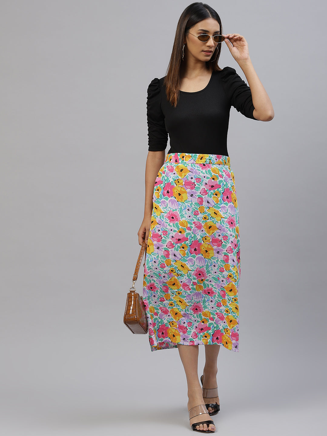 plusS Women Lavender  Pink Floral A-Line Midi Skirt