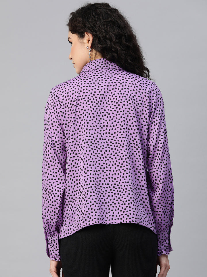 plusS Polka Dot Print Puff Sleeve Ruffles Shirt Style Top