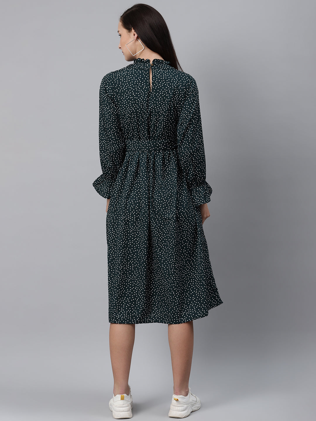 plusS Women Green  White Dotted Print A-Line Dress with Belt