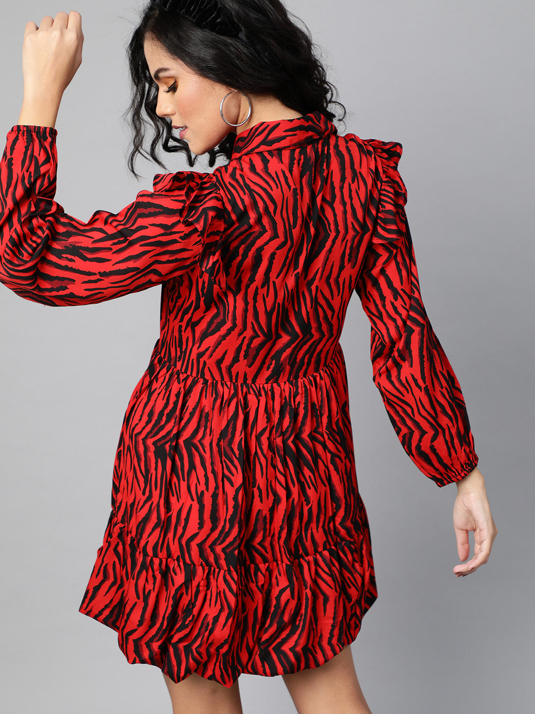 plusS Fiery Red and Black Animal Printed A-Line Dress