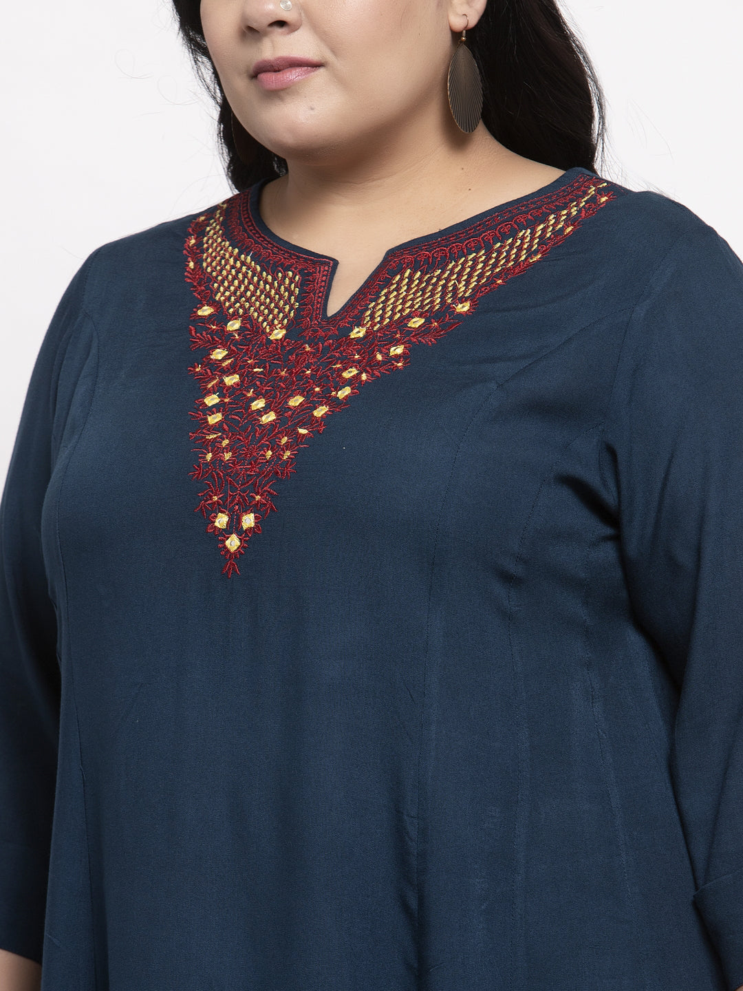 Women Navy Blue Yoke Design A-Line Kurta