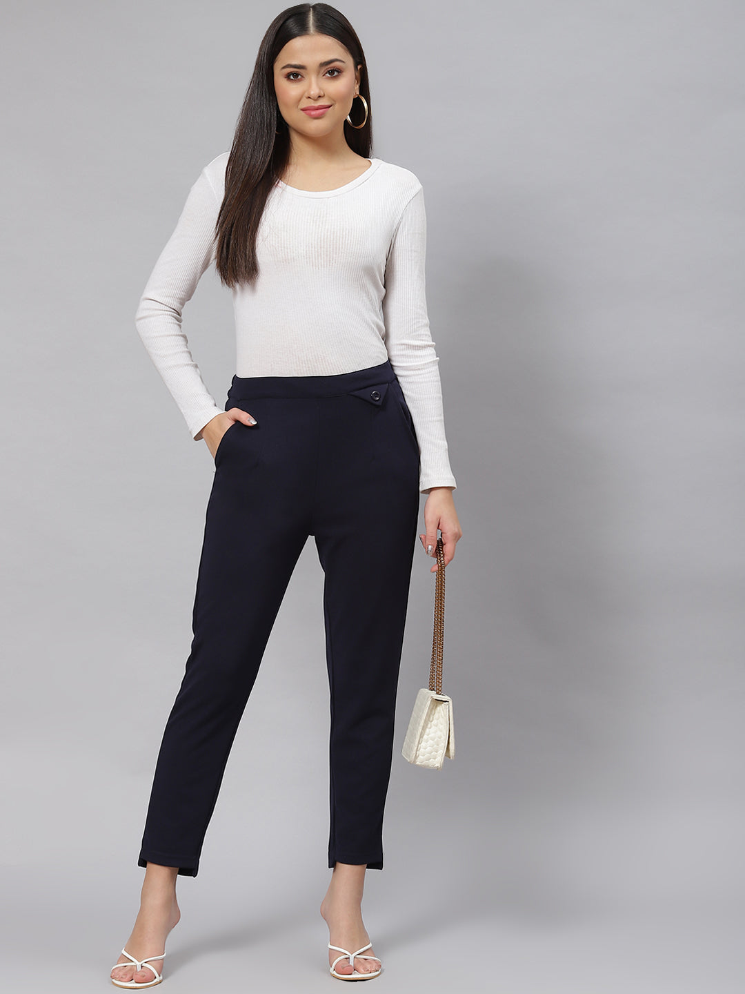 plusS Women Navy Blue Solid Mid-Rise Regular Fit Trousers