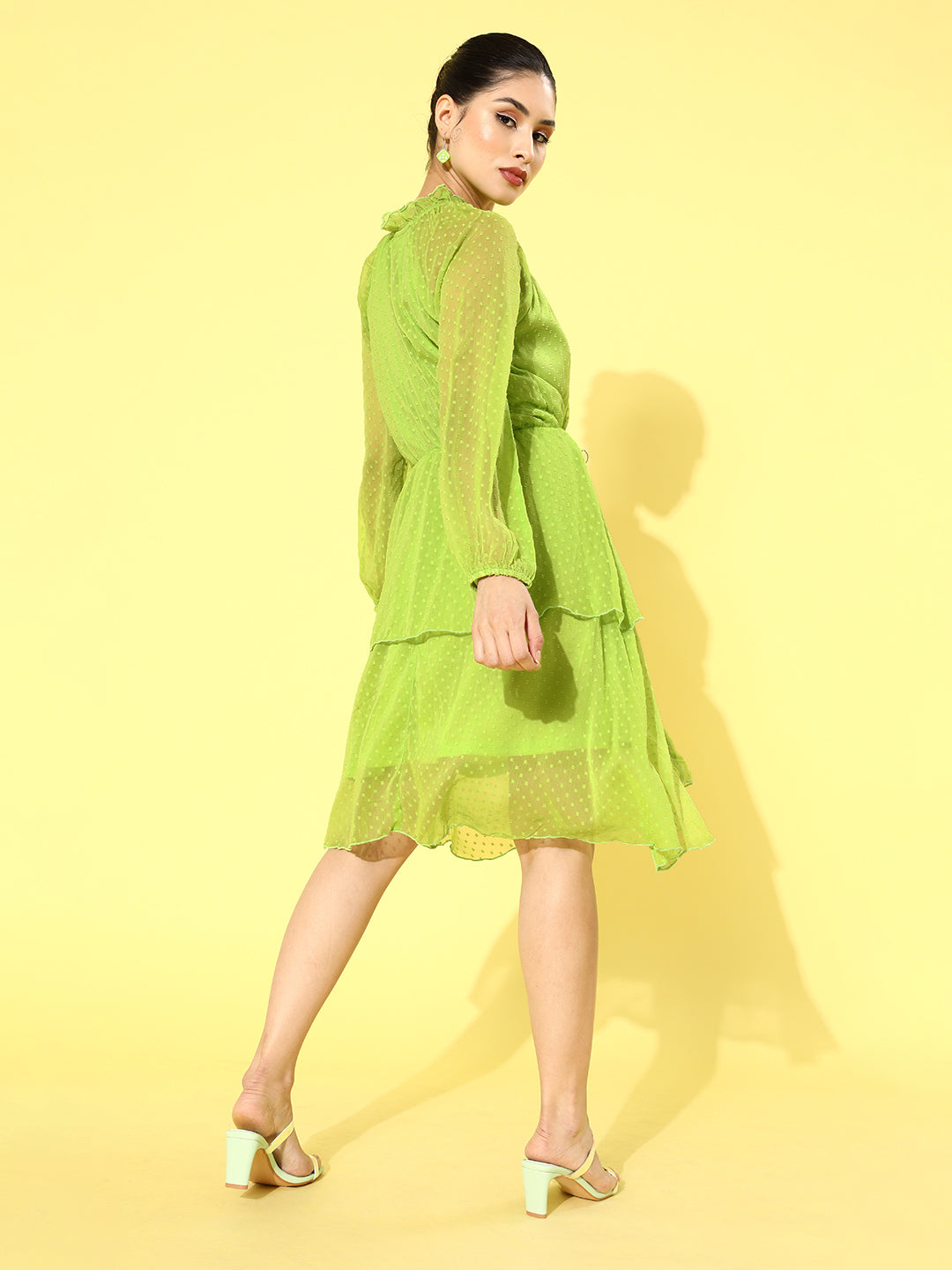 Green Self -Design Tiered Dress