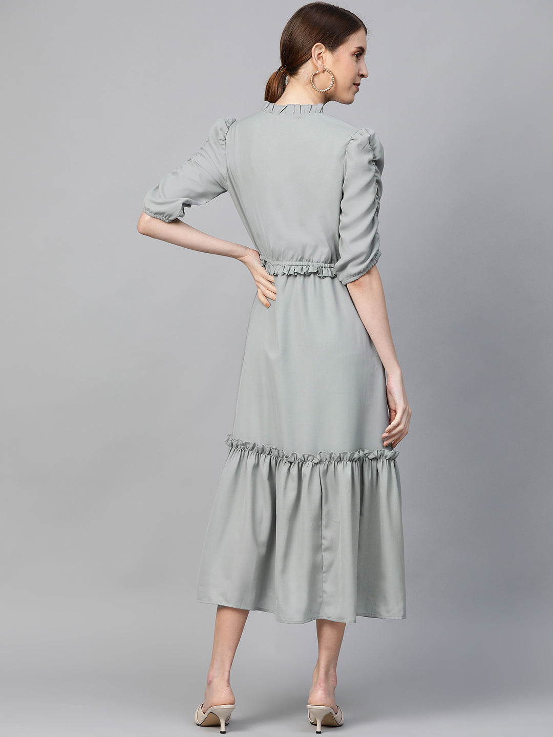 plusS Women Grey Solid Frilled Tiered Wrap Dress