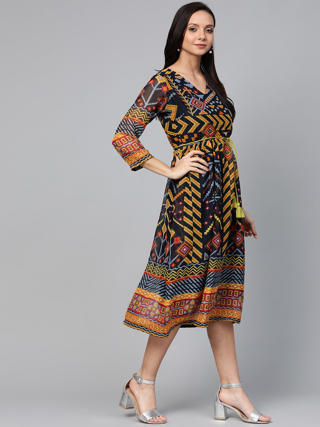 plusS Navy Blue  Mustard Yellow Geometric Printed A-Line Dress