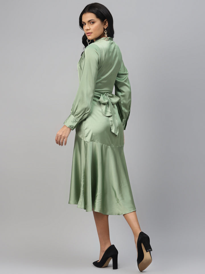 plusS Green Tie-Up Neck Satin A-Line Dress