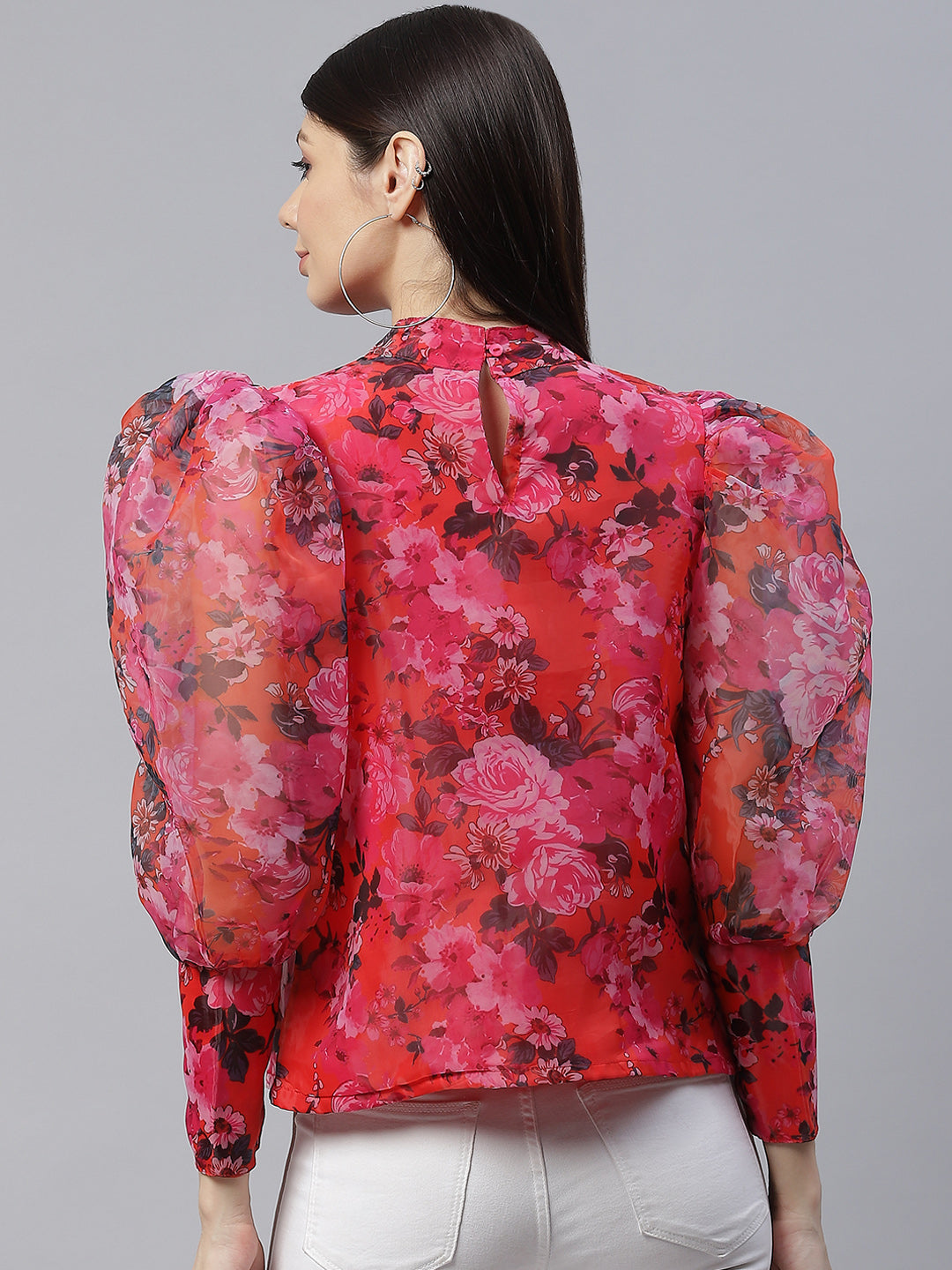 plusS Pink Floral Print Mandarin Collar Top