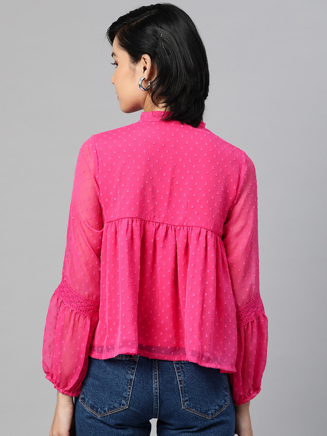 plusS Pink Self Design Tie-Up Neck Bishop Sleeves Georgette Cinched Waist Top