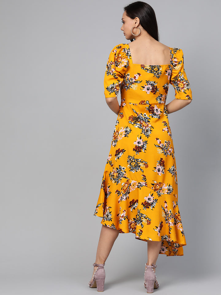 plusS Women Mustard Yellow  Black Floral Print A-Line Dress