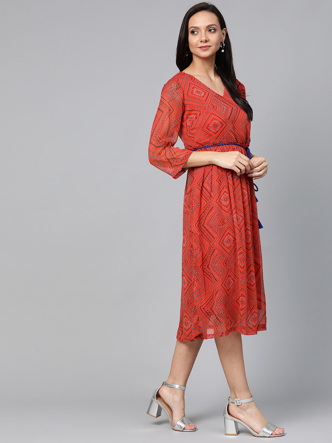 Women Red & Blue Printed A-Line Dress