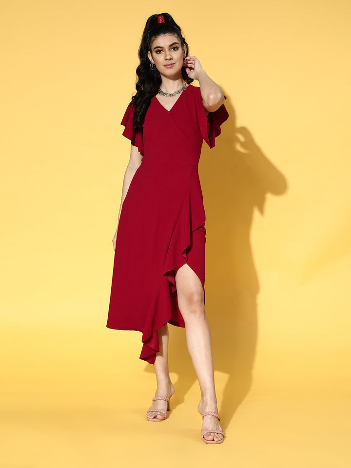 V-Neck Ruffles Wrap Dress