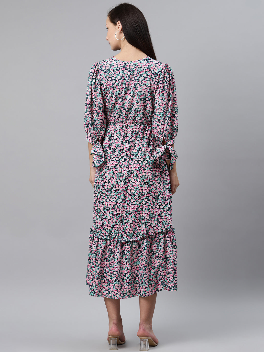 plusS Women Green  Pink Floral Print Midi A-Line Dress