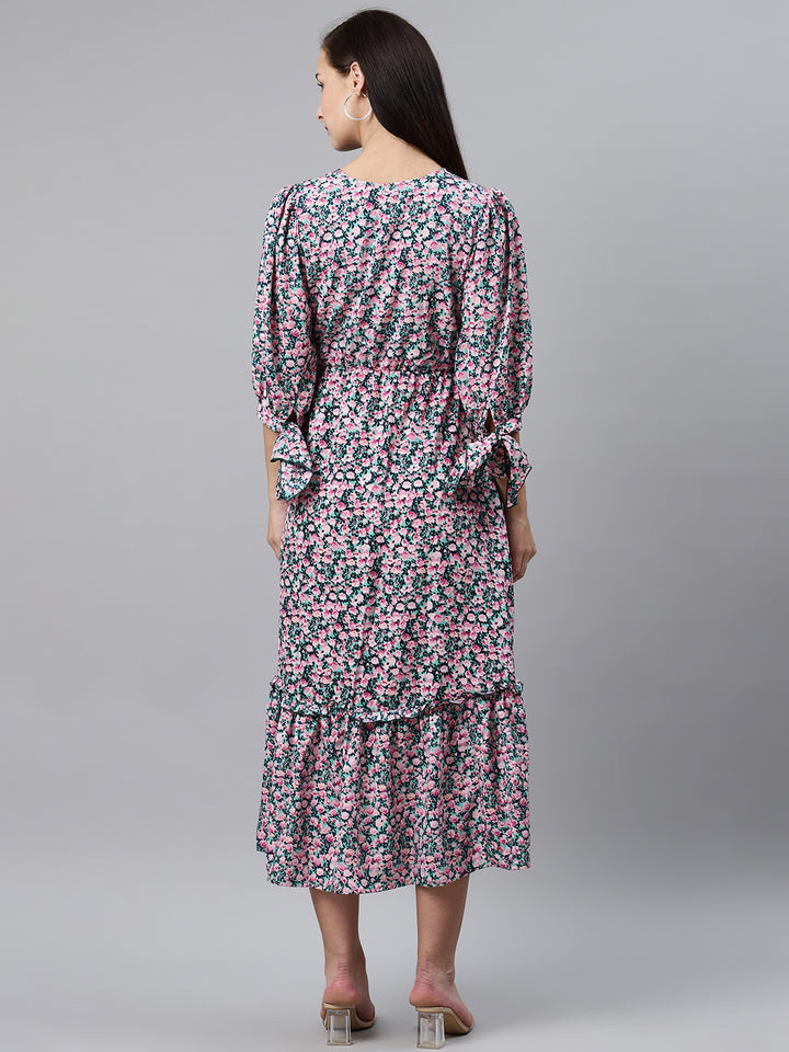 plusS Women Green  Pink Floral Print Midi A-Line Dress