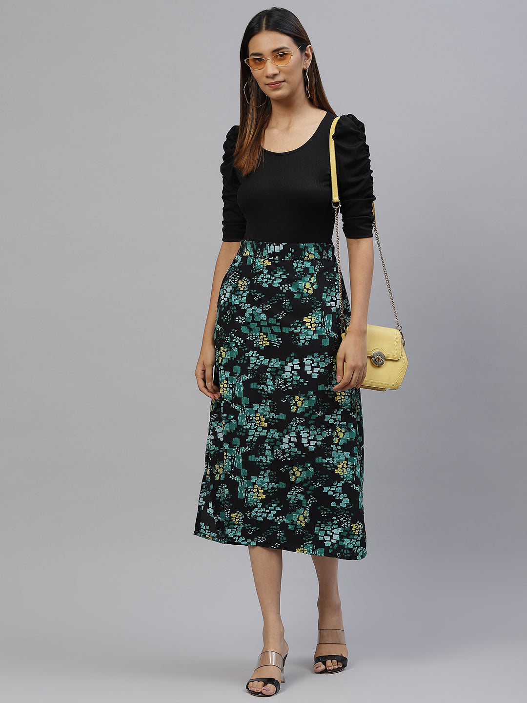 plusS Women Black  Green Floral A-Line Midi Skirt