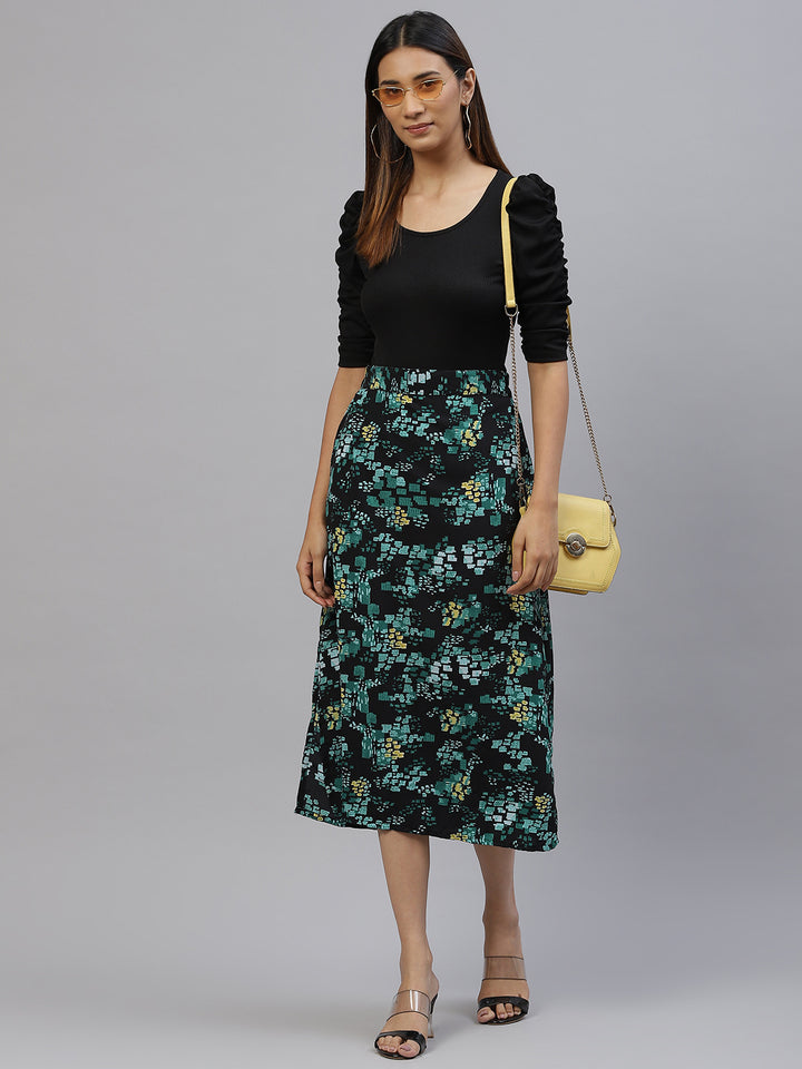 plusS Women Black  Green Floral A-Line Midi Skirt